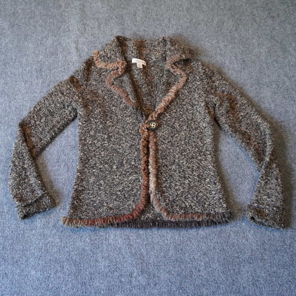 Coldwater Creek Womens Small Tweed Knit Cardigan Faux Fur Trim Button Front‎